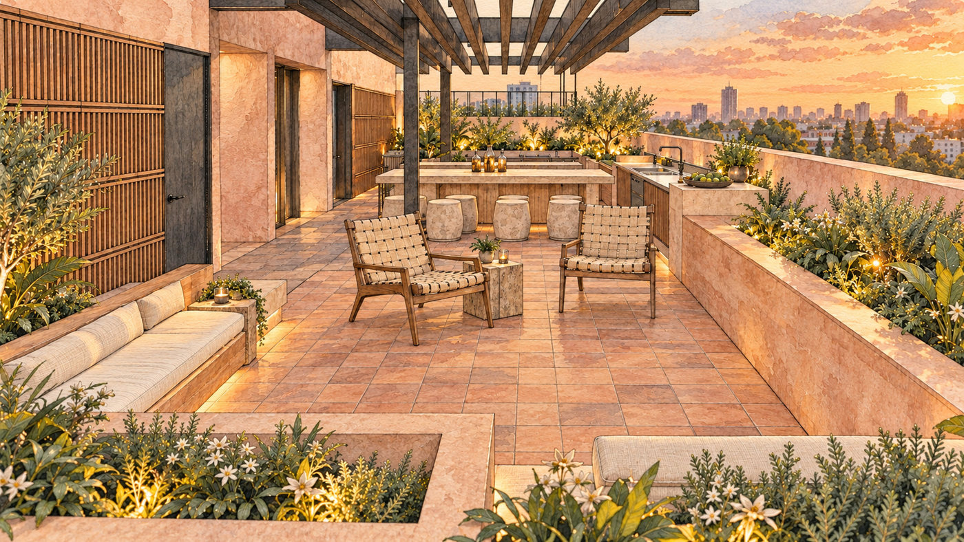 Estudio conceptual de terraza y pérgola del proyecto
